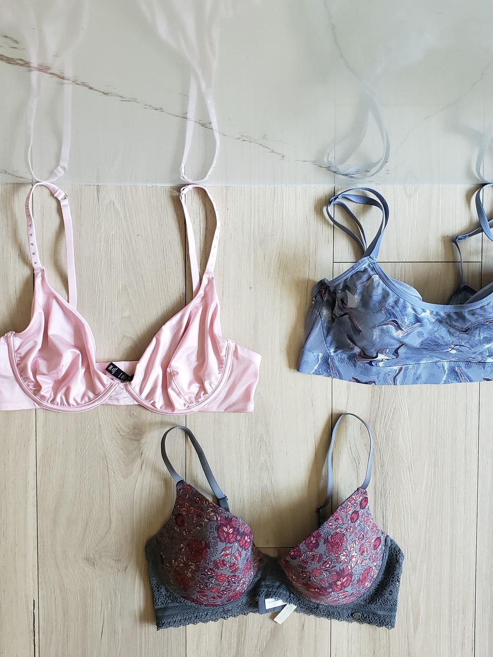 Lucky Brand Pink Satin, Blue Marble & Floral Lace Bra Set